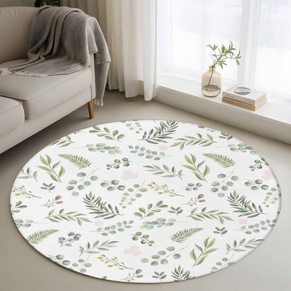 Round Rugs 4Ft, Green Leaves Summer Round Area Rug Washable Indoor Throw Carpet, Pastoral Plants Herbs Rustic Soft Non Slip Circle Rug for Kitchen Nursery Room Home Decor Aesthetic