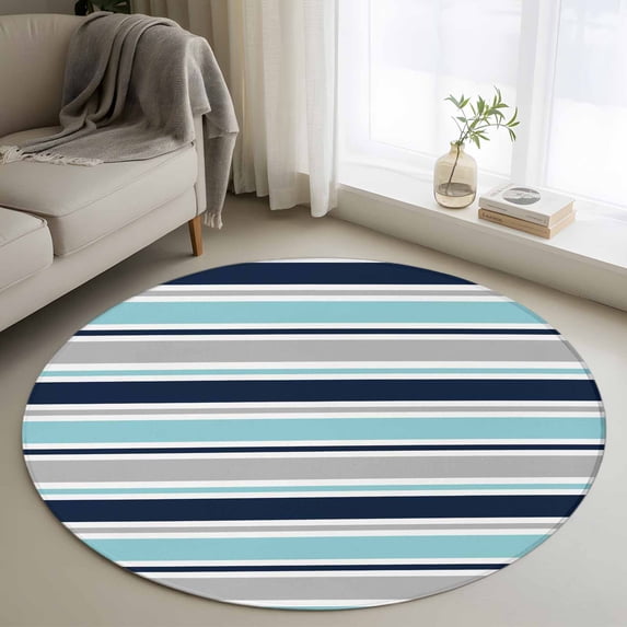 Round Rugs 4Ft, Grey Blue Striped Round Area Rug Washable Indoor Throw Carpet, Farmhouse Stripes Abstract Art Navy Blue Soft Non Slip Circle Rug for Kitchen Nursery Room Home Decor Aesthetic