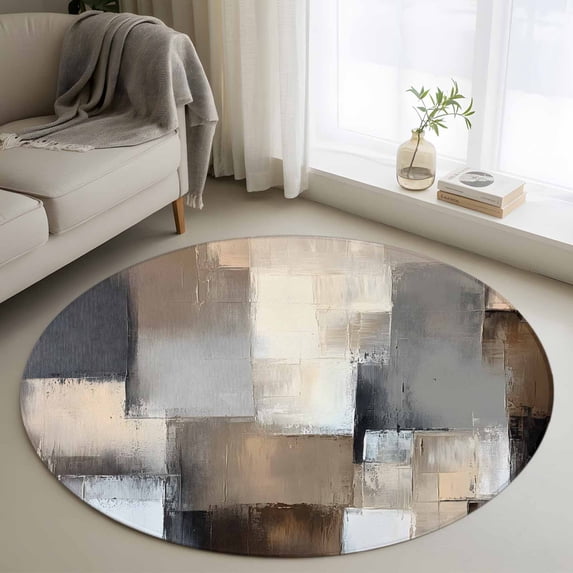 Round Rugs 4Ft, Grey Brown Abstract Round Area Rug Washable Indoor Throw Carpet, Oil Painting Color Blocks Soft Non Slip Circle Rug for Kitchen Nursery Room Home Decor Aesthetic