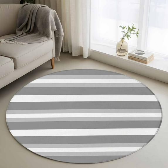 Round Rugs 4Ft, Grey Stripe Round Area Rug Washable Indoor Throw Carpet, Minimalist Farmhouse Striped Soft Non Slip Circle Rug for Kitchen Nursery Room Home Decor Aesthetic
