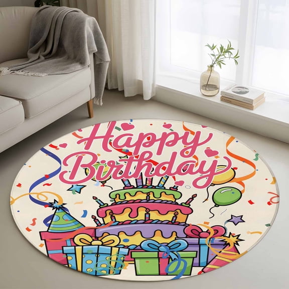 Round Rugs 4Ft, Happy Birthday Round Area Rug Washable Indoor Throw Carpet, Ribbon Cake Balloon Cartoon Soft Non Slip Circle Rug for Kitchen Nursery Room Home Decor Aesthetic