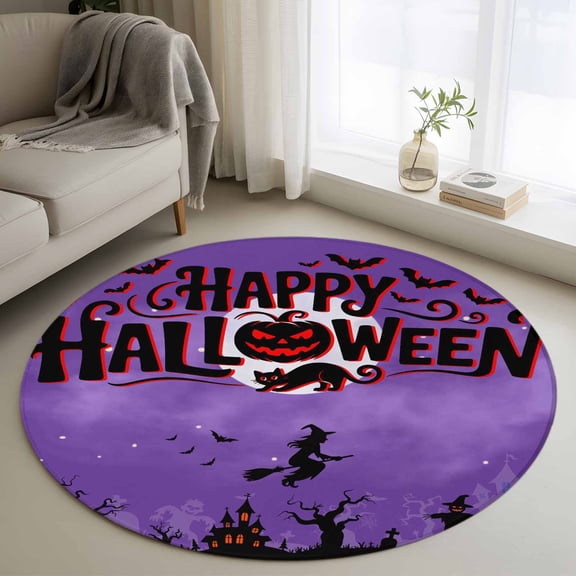 Round Rugs 4Ft, Happy Halloween Round Area Rug Washable Indoor Throw Carpet, Pumpkin Witch Castle Cat Tree Purple Black Soft Non Slip Circle Rug for Kitchen Nursery Room Home Decor Aesthetic