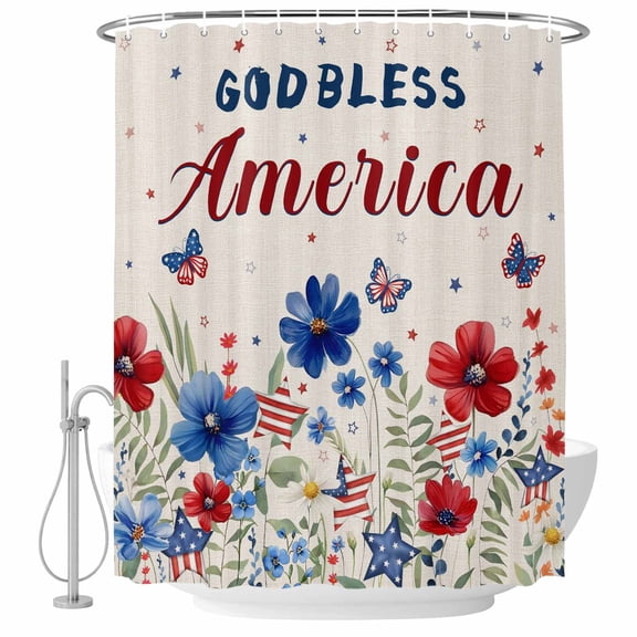 Xipuska 4th of July Shower Curtain - Water Repellent Fabric Shower Curtains Washable, Independence Day Red Blue Floral Rustic Decorative Polyester Cloth Bathroom Curtains Modern Bath Decor 36"x72"