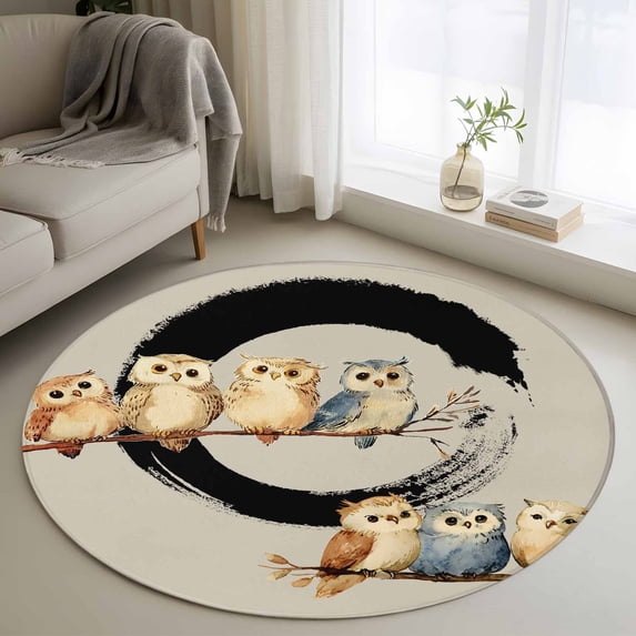 Round Rugs 4Ft, Japanese Style Round Area Rug Washable Indoor Throw Carpet, Grey Farmhouse Owl Birds Branches Soft Non Slip Circle Rug for Kitchen Nursery Room Home Decor Aesthetic