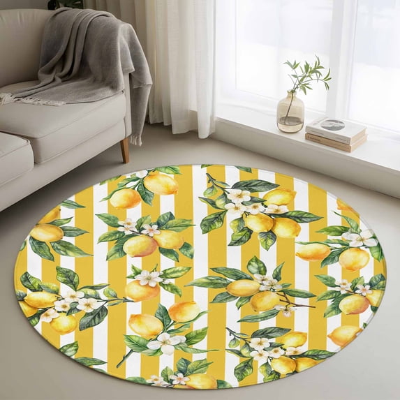 Round Rugs 4Ft, Lemon Leaves Round Area Rug Washable Indoor Throw Carpet, Yellow Vertical Stripes Spring Flowers Soft Non Slip Circle Rug for Kitchen Nursery Room Home Decor Aesthetic