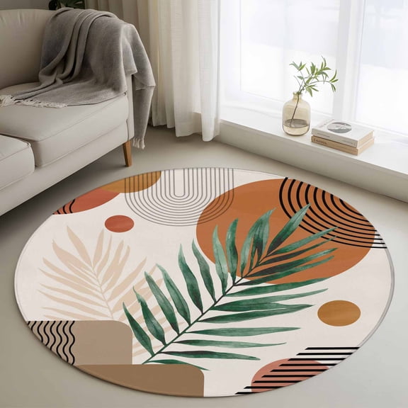 Round Rugs 4Ft, Middle Century Round Area Rug Washable Indoor Throw Carpet, Orange Brown Boho Abstract Geometric Soft Non Slip Circle Rug for Kitchen Nursery Room Home Decor Aesthetic