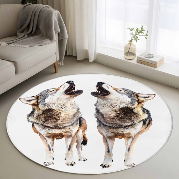 Round Rugs 4Ft, Modern Wolves Round Area Rug Washable Indoor Throw Carpet, Abstract Watercolor Animals Print Soft Non Slip Circle Rug for Kitchen Nursery Room Home Decor Aesthetic
