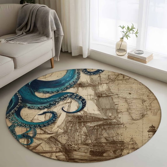 Round Rugs 4Ft, Nautical Blue Octopus Round Area Rug Washable Indoor Throw Carpet, Coastal Ocean Summer Vintage Sea Soft Non Slip Circle Rug for Kitchen Nursery Room Home Decor Aesthetic