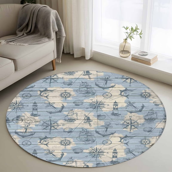Round Rugs 4Ft, Nautical Blue Round Area Rug Washable Indoor Throw Carpet, Sailing Anchor Compass Lighthouse Fish Soft Non Slip Circle Rug for Kitchen Nursery Room Home Decor Aesthetic