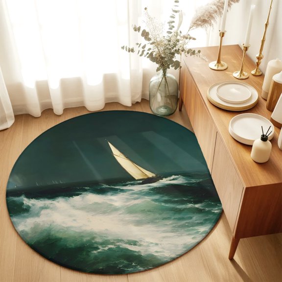 Round Rugs 4Ft, Nautical Sailboat Round Area Rug Washable Indoor Throw Carpet, Green Modern Ocean Coastal Sea Waves Soft Non Slip Circle Rug for Kitchen Nursery Room Home Decor Aesthetic