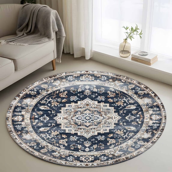 Round Rugs 4Ft, Navy Blue Beige Boho Round Area Rug Washable Indoor Throw Carpet, Vintage Ethnic Geometric Soft Non Slip Circle Rug for Kitchen Nursery Room Home Decor Aesthetic