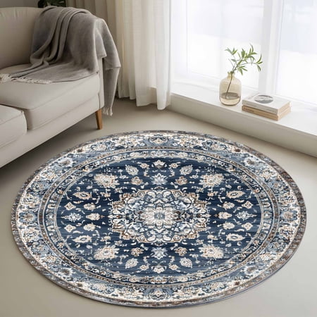 Round Rugs 4Ft, Navy Blue Beige Boho Round Area Rug Washable Indoor Throw Carpet, Vintage Geometric Western Soft Non Slip Circle Rug for Kitchen Nursery Room Home Decor Aesthetic