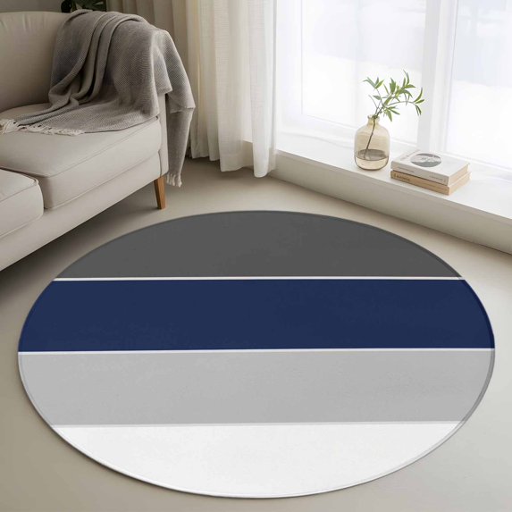 Round Rugs 4Ft, Navy Blue Grey Striped Round Area Rug Washable Indoor Throw Carpet, Farmhouse Modern Soft Non Slip Circle Rug for Kitchen Nursery Room Home Decor Aesthetic
