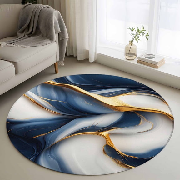 Round Rugs 4Ft, Navy Blue Marble Round Area Rug Washable Indoor Throw Carpet, Gold Modern Art Soft Non Slip Circle Rug for Kitchen Nursery Room Home Decor Aesthetic