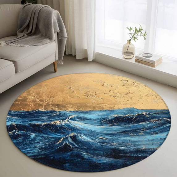 Round Rugs 4Ft, Navy Blue Round Area Rug Washable Indoor Throw Carpet, Modern Abstract Golden Oil Painting Soft Non Slip Circle Rug for Kitchen Nursery Room Home Decor Aesthetic