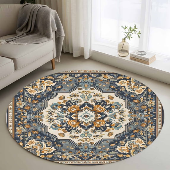 Round Rugs 4Ft, Orange Blue Boho Round Area Rug Washable Indoor Throw Carpet, Southwestern Geometric Vintage Ethnic Soft Non Slip Circle Rug for Kitchen Nursery Room Home Decor Aesthetic