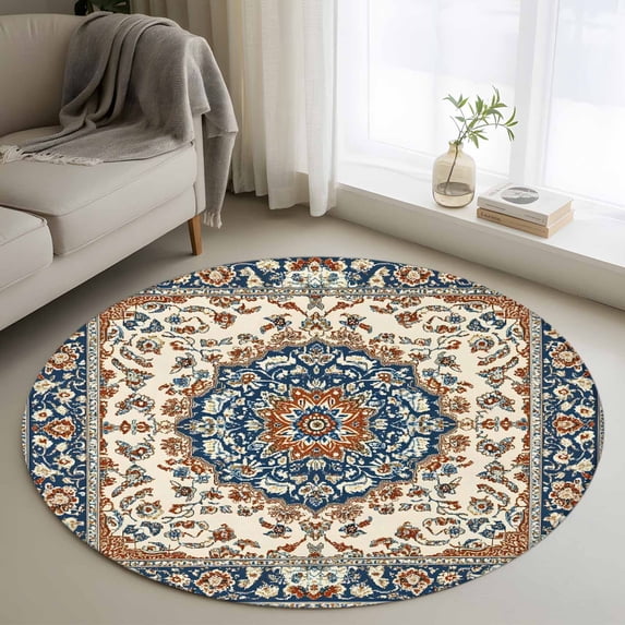 Round Rugs 4Ft, Orange Blue Boho Southwestern Round Area Rug Washable Indoor Throw Carpet, Antique Ethnic Rustic Soft Non Slip Circle Rug for Kitchen Nursery Room Home Decor Aesthetic