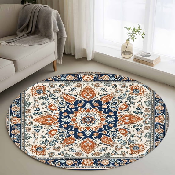 Round Rugs 4Ft, Orange Blue Boho Southwestern Round Area Rug Washable Indoor Throw Carpet, Ethnic Rustic Classical Soft Non Slip Circle Rug for Kitchen Nursery Room Home Decor Aesthetic