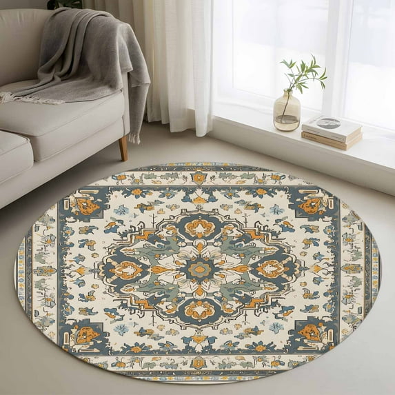 Round Rugs 4Ft, Orange Boho Round Area Rug Washable Indoor Throw Carpet, Southwestern Geometric Vintage Ethnic Soft Non Slip Circle Rug for Kitchen Nursery Room Home Decor Aesthetic