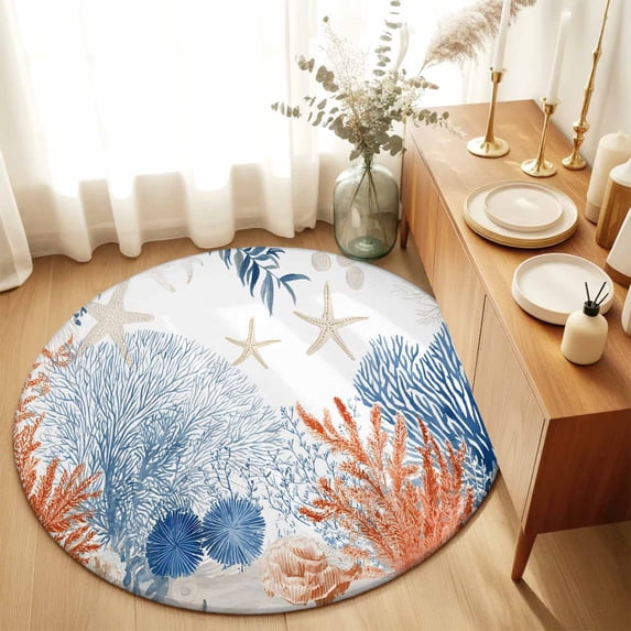 Round Rugs 4Ft, Orange Navy Blue Coral Round Area Rug Washable Indoor Throw Carpet, Summer Beach Coastal Ocean Soft Non Slip Circle Rug for Kitchen Nursery Room Home Decor Aesthetic