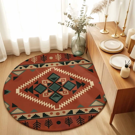 Round Rugs 4Ft, Orange Western Round Area Rug Washable Indoor Throw Carpet, Southwestern Geometric Ethnic Soft Non Slip Circle Rug for Kitchen Nursery Room Home Decor Aesthetic