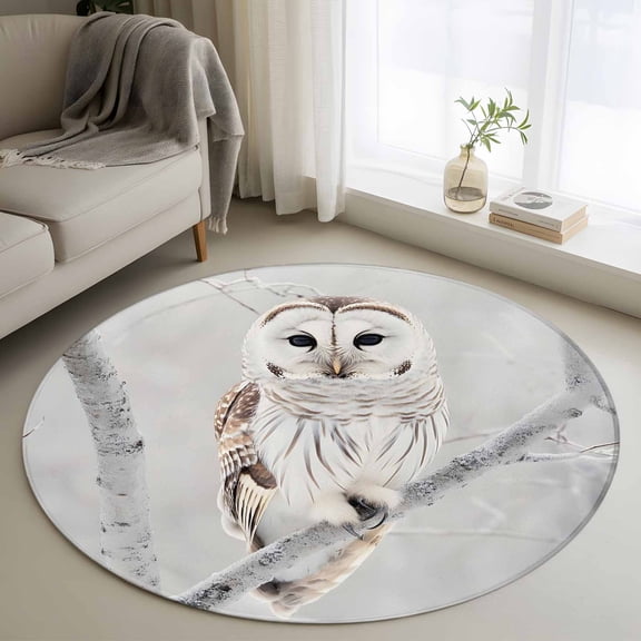 Round Rugs 4Ft, Owl On Branch Round Area Rug Washable Indoor Throw Carpet, Framhouse Winter Landscape Tree Birds Soft Non Slip Circle Rug for Kitchen Nursery Room Home Decor Aesthetic