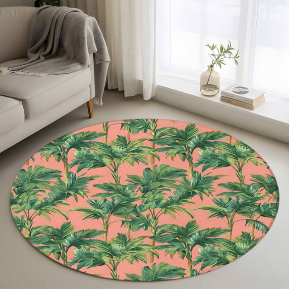 Round Rugs 4Ft, Palm Tree Tropical Round Area Rug Washable Indoor Throw Carpet, Pink Summer Botanical Leaves Soft Non Slip Circle Rug for Kitchen Nursery Room Home Decor Aesthetic