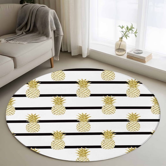 Round Rugs 4Ft, Pineapple Round Area Rug Washable Indoor Throw Carpet, Modern Abstract Yellow Fruits Stripes Soft Non Slip Circle Rug for Kitchen Nursery Room Home Decor Aesthetic