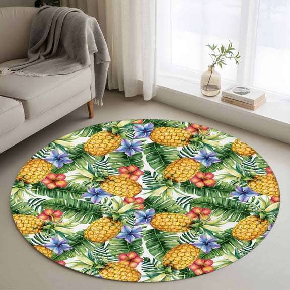 Round Rugs 4Ft, Pineapple Round Area Rug Washable Indoor Throw Carpet, Yellow Tropical Fruit Palm Leaf Floral Summer Soft Non Slip Circle Rug for Kitchen Nursery Room Home Decor Aesthetic