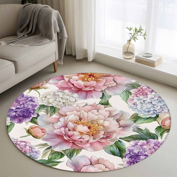 Round Rugs 4Ft, Pink Purple Hydrangea Round Area Rug Washable Indoor Throw Carpet, Spring Pastoral Flowers Soft Non Slip Circle Rug for Kitchen Nursery Room Home Decor Aesthetic