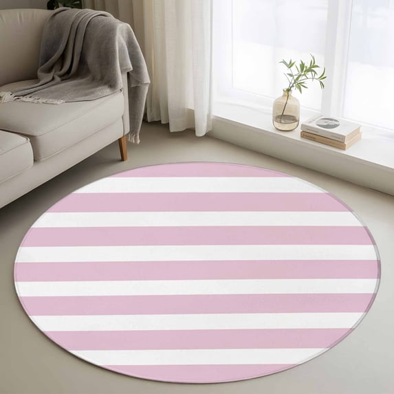 Round Rugs 4Ft, Pink Stripe Round Area Rug Washable Indoor Throw Carpet, Modern Simple Geometric White Striped Soft Non Slip Circle Rug for Kitchen Nursery Room Home Decor Aesthetic