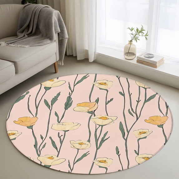 Round Rugs 4Ft, Pink Yellow Spring Floral Round Area Rug Washable Indoor Throw Carpet, Watercolor Summer Botanical Soft Non Slip Circle Rug for Kitchen Nursery Room Home Decor Aesthetic