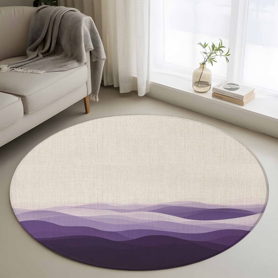 Round Rugs 4Ft, Purple Beige Ombre Round Area Rug Washable Indoor Throw Carpet, Minimalist Ocean Waves Linen Soft Non Slip Circle Rug for Kitchen Nursery Room Home Decor Aesthetic