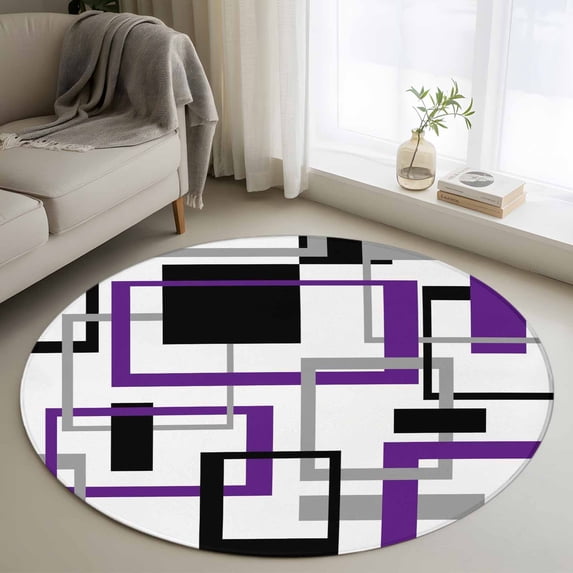 Round Rugs 4Ft, Purple Black Geometric Round Area Rug Washable Indoor Throw Carpet, Minimalist Stripes Abstract Art Soft Non Slip Circle Rug for Kitchen Nursery Room Home Decor Aesthetic