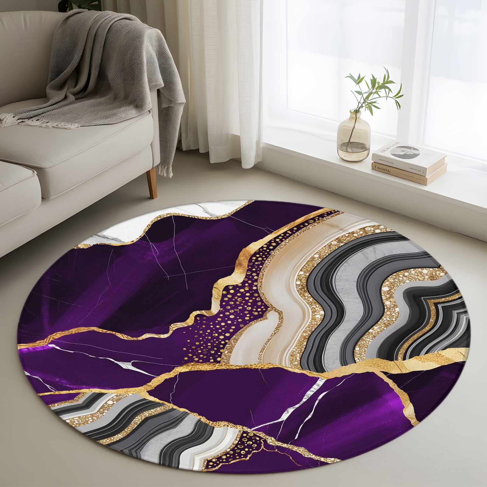 Round Rugs 4Ft, Purple Marble Round Area Rug Washable Indoor Throw Carpet, Grey Gold Texture Vintage Farmhouse Art Soft Non Slip Circle Rug for Kitchen Nursery Room Home Decor Aesthetic