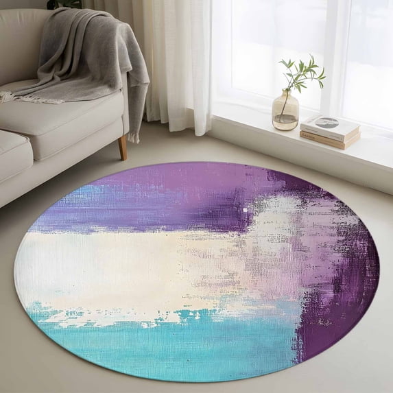 Round Rugs 4Ft, Purple Turquoise Round Area Rug Washable Indoor Throw Carpet, Oil Painting Modern Geometric Abstract Soft Non Slip Circle Rug for Kitchen Nursery Room Home Decor Aesthetic