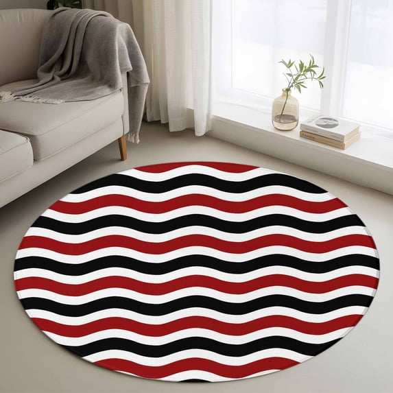 Round Rugs 4Ft, Red Black White Round Area Rug Washable Indoor Throw Carpet, Abstract Geometric Ocean Wave Stripe Soft Non Slip Circle Rug for Kitchen Nursery Room Home Decor Aesthetic