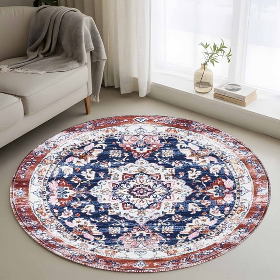 Round Rugs 4Ft, Red Blue Boho Vintage Round Area Rug Washable Indoor Throw Carpet, Ethnic Geometric Southwestern Soft Non Slip Circle Rug for Kitchen Nursery Room Home Decor Aesthetic