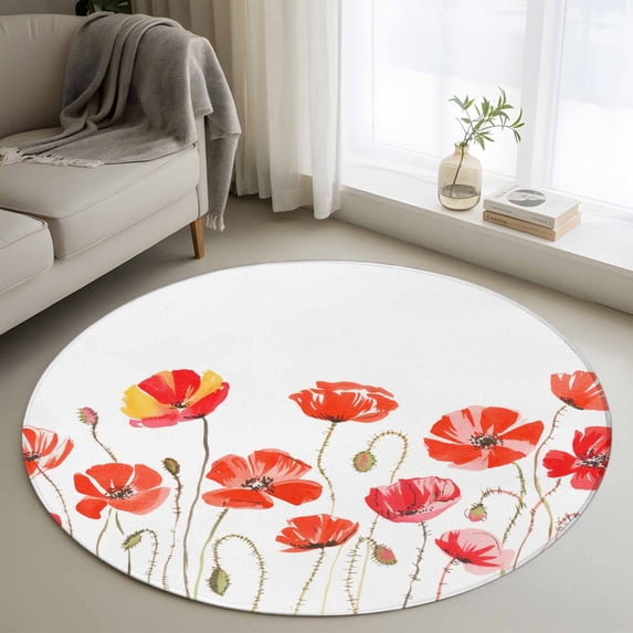 Round Rugs 4Ft, Red Flowers Round Area Rug Washable Indoor Throw Carpet, Watercolor Spring Country Botanical Floral Soft Non Slip Circle Rug for Kitchen Nursery Room Home Decor Aesthetic