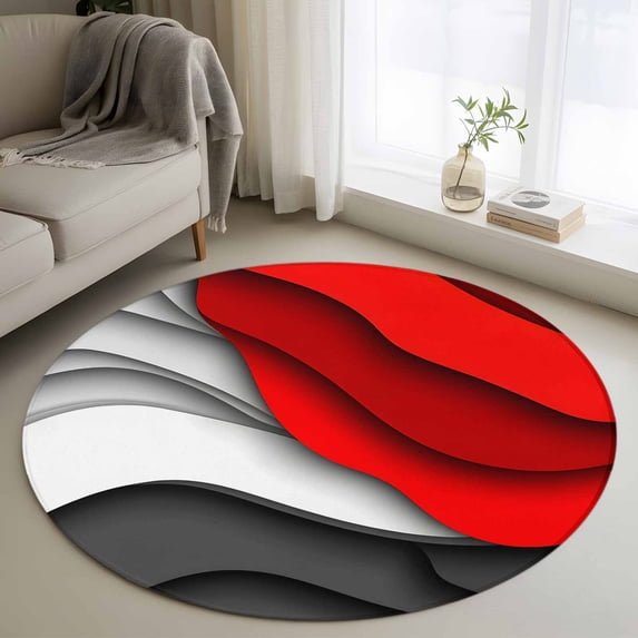 Round Rugs 4Ft, Red Grey Ombre Round Area Rug Washable Indoor Throw Carpet, Geometric Abstract Art Moire Modern Soft Non Slip Circle Rug for Kitchen Nursery Room Home Decor Aesthetic