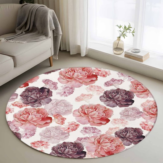 Round Rugs 4Ft, Red Ombre Spring Floral Round Area Rug Washable Indoor Throw Carpet, Summer Botanical Flowers Soft Non Slip Circle Rug for Kitchen Nursery Room Home Decor Aesthetic