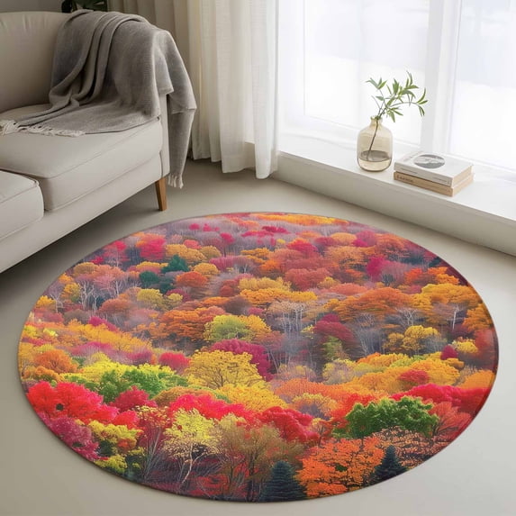 Round Rugs 4Ft, Red Orange Green Forest Round Area Rug Washable Indoor Throw Carpet, Fall Botanical Tree Maple Leaf Soft Non Slip Circle Rug for Kitchen Nursery Room Home Decor Aesthetic