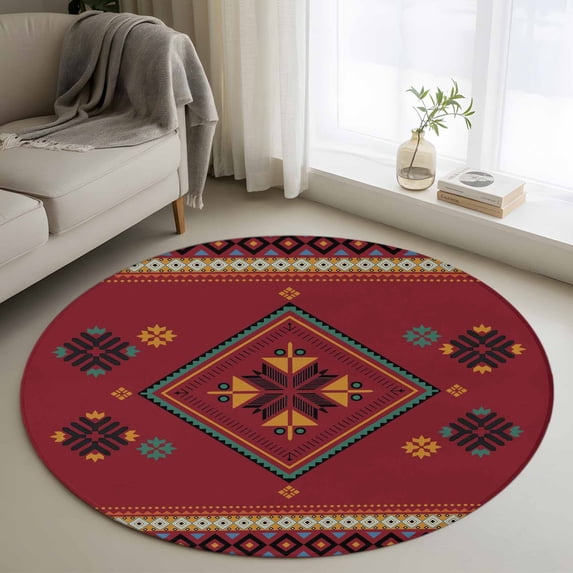 Round Rugs 4Ft, Red Round Area Rug Washable Indoor Throw Carpet, Boho Vintage Ethnic Tribe Abstract Art Retro Soft Non Slip Circle Rug for Kitchen Nursery Room Home Decor Aesthetic