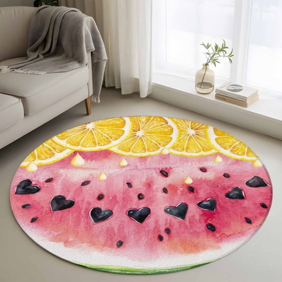 Round Rugs 4Ft, Red Watermelon Round Area Rug Washable Indoor Throw Carpet, Yellow Lemon Summer Fruit Country Soft Non Slip Circle Rug for Kitchen Nursery Room Home Decor Aesthetic