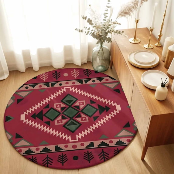 Round Rugs 4Ft, Red Western Round Area Rug Washable Indoor Throw Carpet, Southwestern Geometric Ethnic Art Soft Non Slip Circle Rug for Kitchen Nursery Room Home Decor Aesthetic