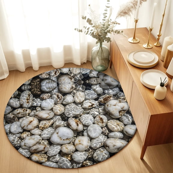 Round Rugs 4Ft, River Stone Round Area Rug Washable Indoor Throw Carpet, Nature Farmhouse Beige Brown Stacked Rocks Soft Non Slip Circle Rug for Kitchen Nursery Room Home Decor Aesthetic