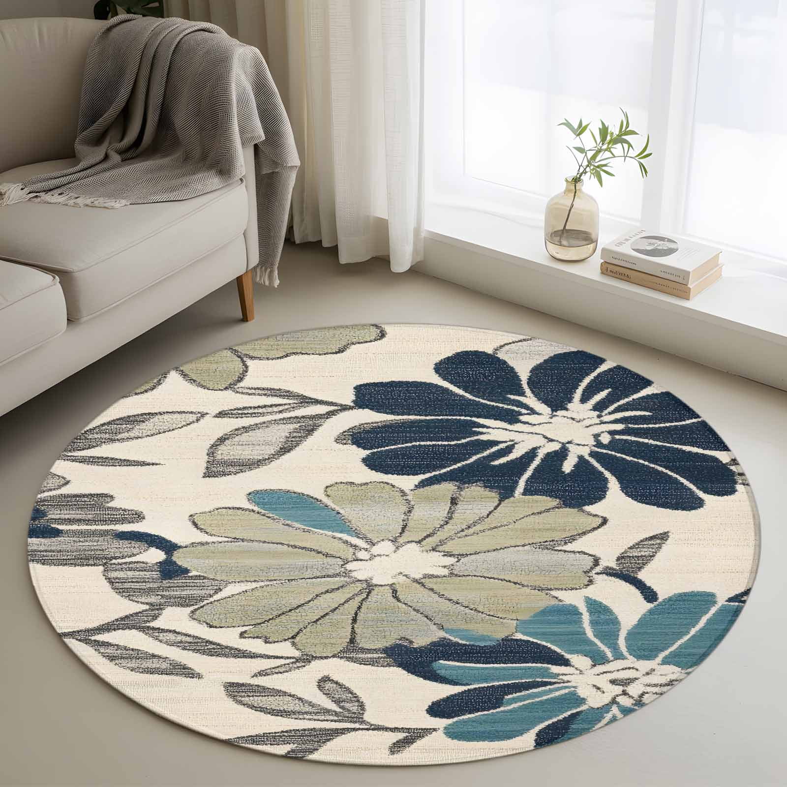 Round Rugs 4Ft, Sage Green Blue Floral Round Area Rug Washable Indoor ...