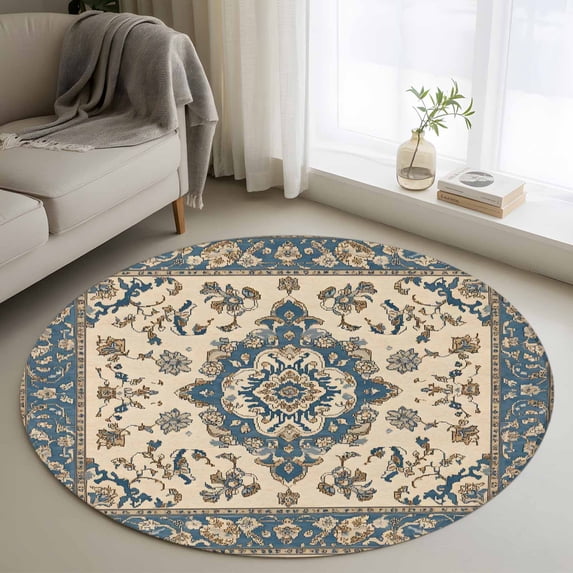 Round Rugs 4Ft, Southwestern Boho Blue Round Area Rug Washable Indoor Throw Carpet, Ethnic Geometric Rustic Soft Non Slip Circle Rug for Kitchen Nursery Room Home Decor Aesthetic