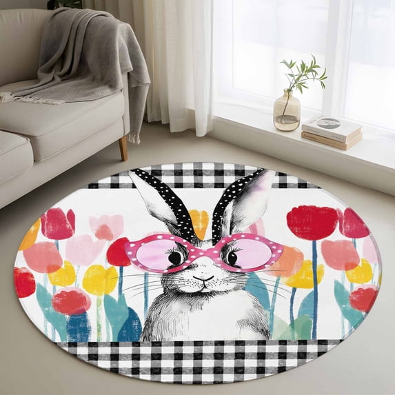 Round Rugs 4Ft, Spring Easter Round Area Rug Washable Indoor Throw Carpet, Colorful Flowers Tulips Bunny Lattice Soft Non Slip Circle Rug for Kitchen Nursery Room Home Decor Aesthetic