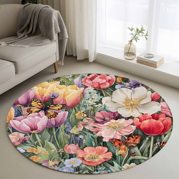 Spring Floral Rugs Round Rugs 4Ft, Spring Flowers Round Area Rug Washable Indoor Throw ...